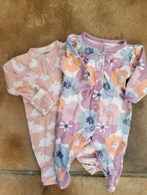 Floral & Bunny Print Pajama Set - Lavender And Pink